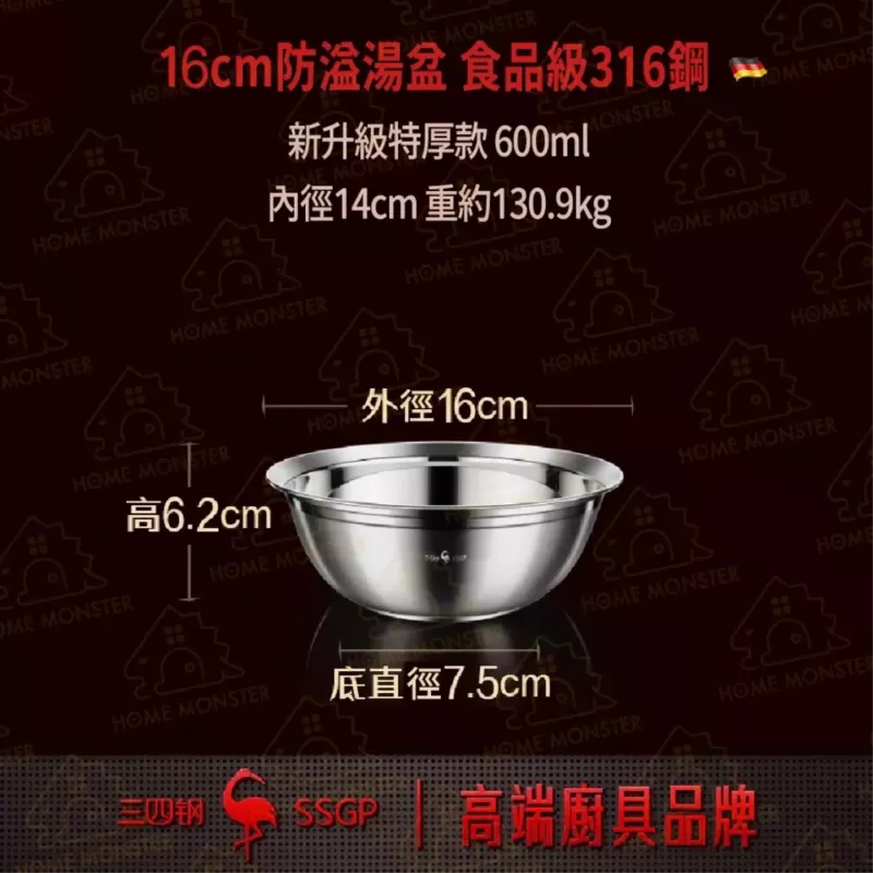 【45°防溢】316不鏽鋼特厚湯盆 316不鏽鋼蒸鍋 電鍋碗 湯鍋