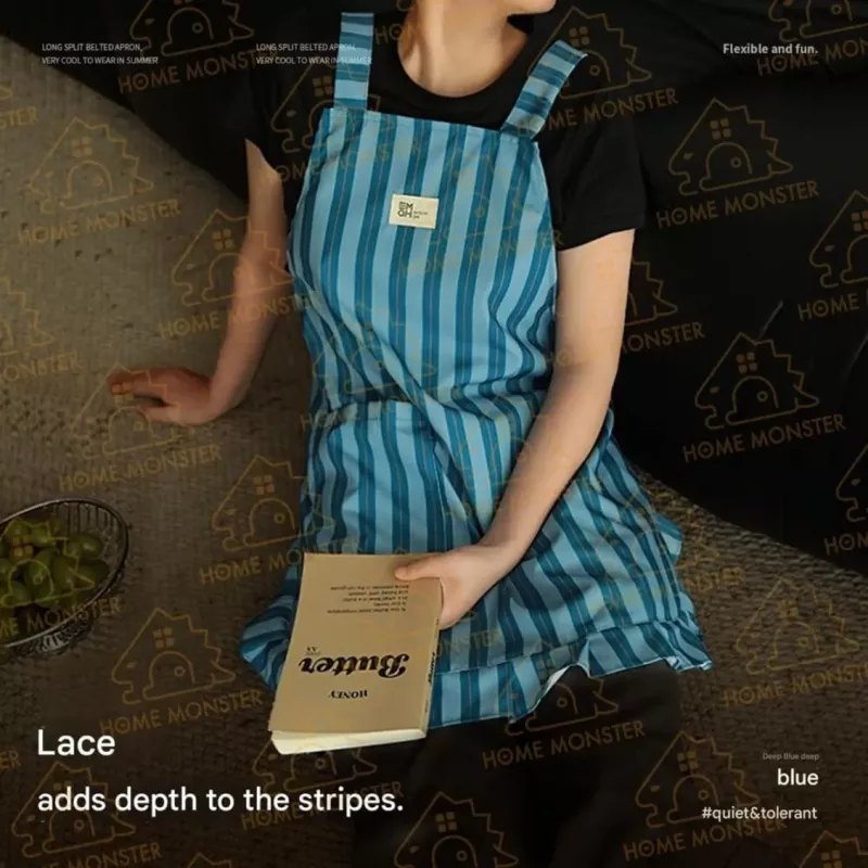 【摩登家事】條紋花邊防潑水圍裙 防水圍裙 輕奢圍裙 條紋圍裙 套裝圍裙
