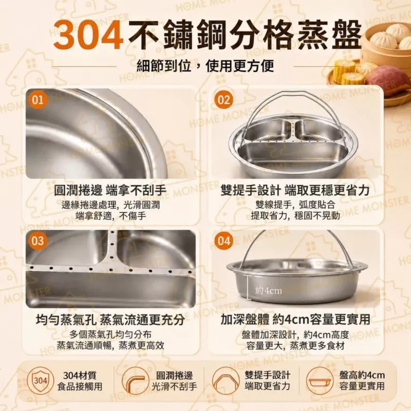 【一盤多蒸】304不鏽鋼分格提把蒸盤 三格蒸盤 四格蒸盤 電鍋蒸架 蒸籠